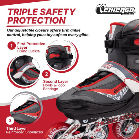 Close-up of kid-friendly inline roller skates with triple safety protection featuring fixing buckle, hook-and-loop bandage, and reinforced shoelaces.