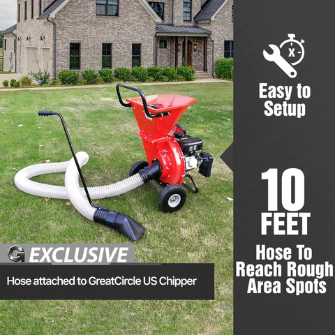 Heavy Duty 4 Inch By 10 Foot Leaf Vacuum Kit With Mulcher Shredder Attachment set up on lawn for debris cleanup