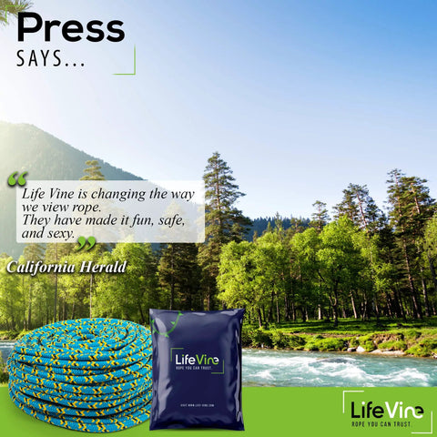 Coiled blue, black, yellow tree rope in nature with quote and LifeVine packaging, focus keyword: Tree Rope Bull Rope Static Rope Double Braided 16 Strand Half Inch Diameter 150 Foot Length 18 KN Load Capacity Pro Grade Climbing Rope For Tree Work Blue Black Yellow.