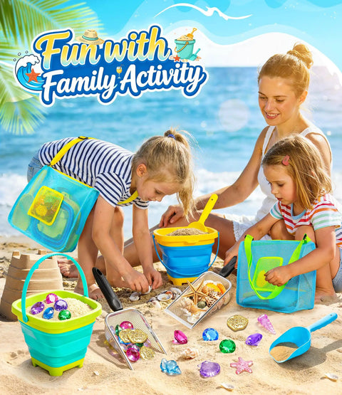 Children playing with Ultimate 24 Piece Beach Toys Set For Kids Ages 3 To 10 with metal sand sifter and colorful gems on beach.