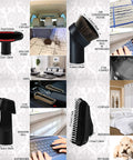 All Purpose Vacuum Attachment Kit With Air Driven Pet Upholstery Turbo Brush And Swivel Head Nozzles 10 Piece Set shown in use on car and home surfaces