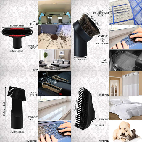 All Purpose Vacuum Attachment Kit With Air Driven Pet Upholstery Turbo Brush And Swivel Head Nozzles 10 Piece Set shown in use on car and home surfaces