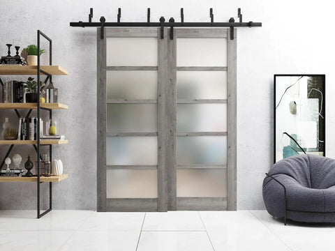 Quadro 4002 Interior Barn Bypass Sliding Doors With Frosted Glass And MDF, 84x96 Inches, Black Modern Style, installed in living room.