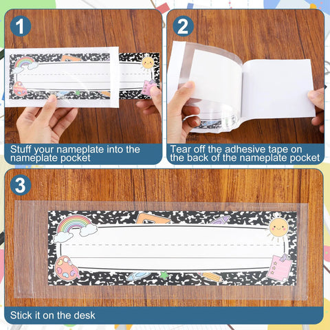 Instructions showing how to use 40 Pack Clear Self Adhesive Nameplate Pockets For Desks 10.5 By 3.5 Inches in a classroom setting