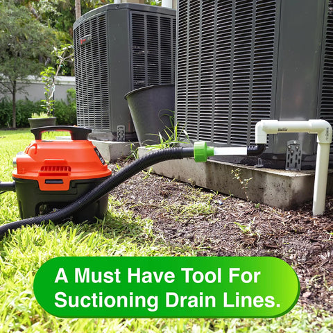 AC Drain Line Cleaner Adapter evacuating and unclogging PVC HVAC drain lines with a see-through tube connected to a wet-vac