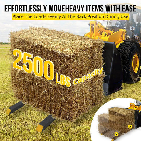 43 Inch Clamp On Pallet Forks For Bucket Attachments Heavy Duty Built Tough For Real World Jobs 2500 Lbs Capacity shown lifting hay bale