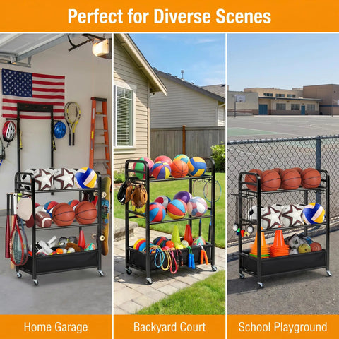 Rolling Ball Storage Cart And Sports Gear Organizer For Garage And Home Gym Indoor And Outdoor Use Holds Basketballs Soccer Balls