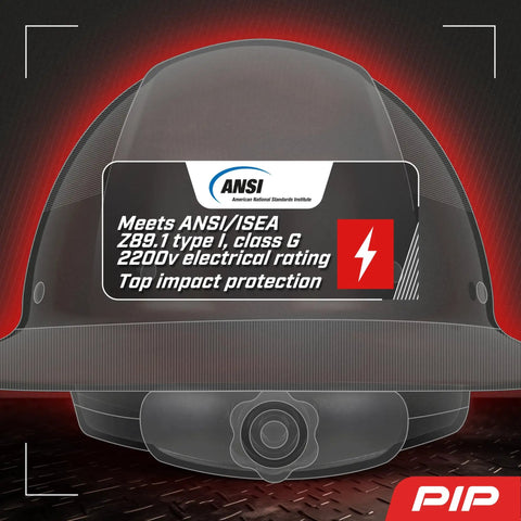 WolfJaw Fiberglass Full Brim Hard Hat With Wheel Ratchet, ANSI Z89.1 Type 1, Class G, showing top and side view
