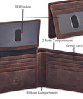 Open Slim RFID Blocking Leather Wallet For Men, Bifold Minimalist Design With Dual ID Windows, Cognac Brown shown with compartments.