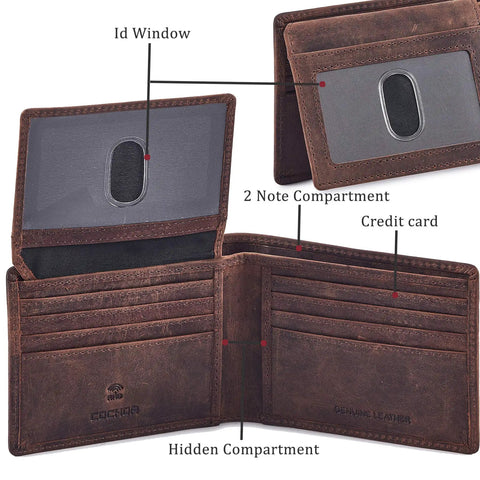 Open Slim RFID Blocking Leather Wallet For Men, Bifold Minimalist Design With Dual ID Windows, Cognac Brown shown with compartments.