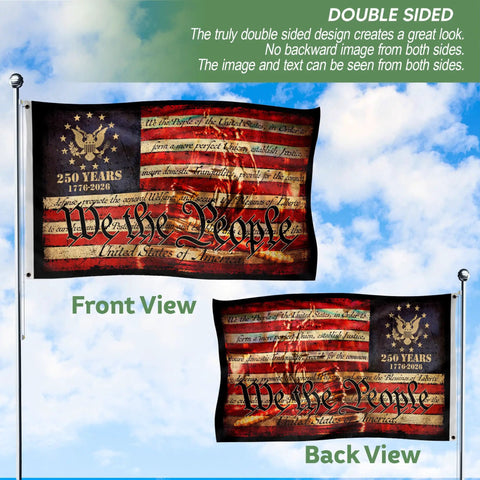 Commemorative Two Sided 3x5 Ft Patriotic House Flag Celebrating 250th Anniversary USA for Indoor or Outdoor Use Durable Polyester With Bright Graphics and Text on Both Sides for Year Round Decor, front and back view displayed.
