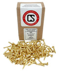 Genuine Solid Brass Flat Phillips Wood Screws Size 6 X 3/4 Inch No Nonsense Fasteners In A 100 Pack displayed with packaging.