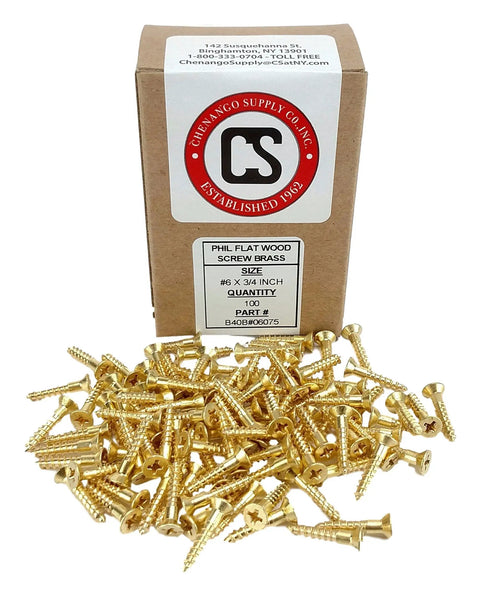 Genuine Solid Brass Flat Phillips Wood Screws Size 6 X 3/4 Inch No Nonsense Fasteners In A 100 Pack displayed with packaging.