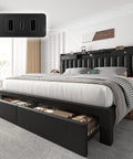 Heavy Duty Black King Size Platform Bed Frame With Padded Headboard And Four Slide Out Storage Drawers Plus Hidden Side Shelves Solid Wood Design For Straight Up Bedroom Comfort with USB ports.