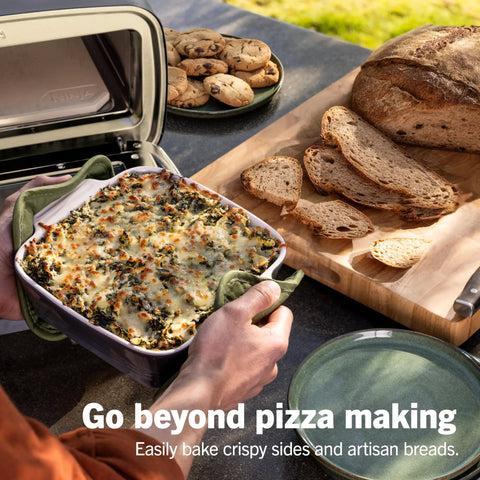 Backyard Pizza Oven With Stone 12 Inch Ready In Just 3 Minutes For Artisan Crusts With 700F Max Temperature Five In One Functionality Bake Broil Proof And Warm Makes Full Family Meals Outdoors For Your Cookout Gray MO201 baking casserole