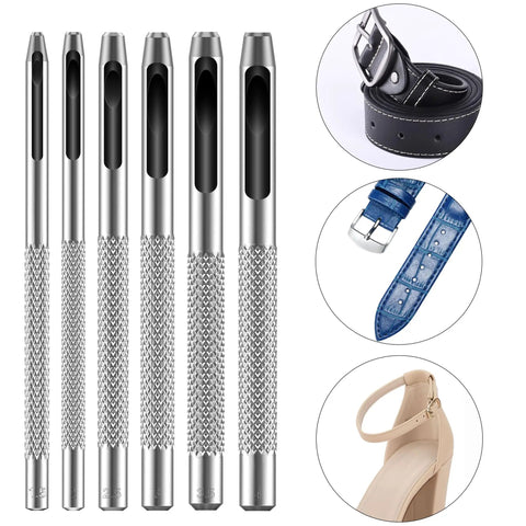 Leather Hole Punch Set With Hollow Punch Tools, Six Steel Punches from 1.5mm to 4mm shown with belts and shoes for crafting