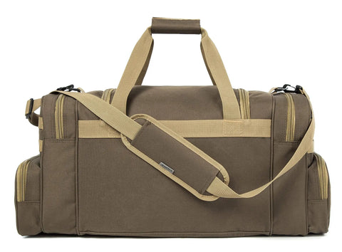 Heavy Duty Tactical Range Duffel With MOLLE Gear, Lockable Zippers, Water Resistant Polyester, Large Opening, Military Style Travel Gym Bag for Sports and Duty, Khaki 27 Inch With US Flag Patch