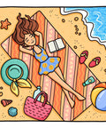 Woman relaxing on beach towel with book and beach accessories, from Coloring Book For Adults And Teens Featuring Cute Girly Scenes For Relaxation And Cozy Self Care With Stress Relief Mindful Downtime Slow Mornings Creative Hobbies Dream Destinations And Positive Vibes.