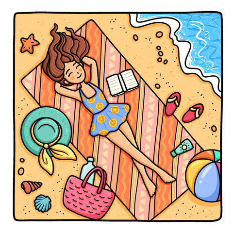Woman relaxing on beach towel with book and beach accessories, from Coloring Book For Adults And Teens Featuring Cute Girly Scenes For Relaxation And Cozy Self Care With Stress Relief Mindful Downtime Slow Mornings Creative Hobbies Dream Destinations And Positive Vibes.