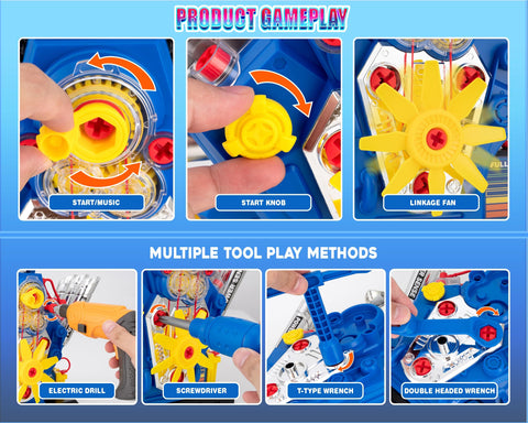 V6 Engine Take Apart Building Kit For Kids 60 Piece STEM Toy With Realistic Lights Sounds And Tools, hands using tools