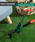 Chain Link Fence Stretcher Tool With Ratcheting Wire Tightener For Easy Tension, 1.7 To 9 Inch Range, Tilted Base Hooked Groove, One Hand Operation, 16.5 Inch, Green on grass.