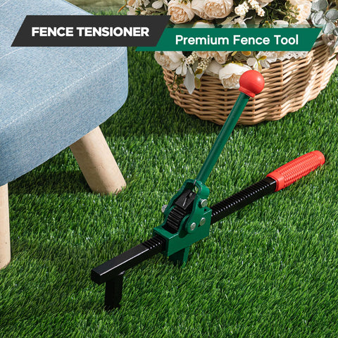 Chain Link Fence Stretcher Tool With Ratcheting Wire Tightener For Easy Tension, 1.7 To 9 Inch Range, Tilted Base Hooked Groove, One Hand Operation, 16.5 Inch, Green on grass.