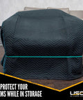 Heavy Duty Moving Blankets 80 by 72 Inches 4 Pack Quilted Furniture Pads covering sofa, black quilted fabric visible.