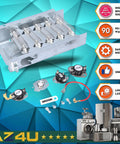 5 Piece Dryer Heating Element And Thermostat Replacement Kit For Electric Dryers With All Elements And Thermal Cutoff Kit For Easy Diy Fix Fits WED4810BQ0 WED4810EW0 WED4810EW1 WED5590VQ0 WED5590VQ1 WED5600S shown with heating element and thermostats on blue background.