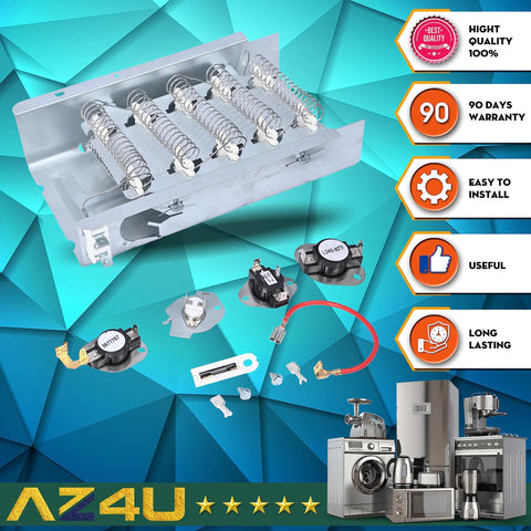 5 Piece Dryer Heating Element And Thermostat Replacement Kit For Electric Dryers With All Elements And Thermal Cutoff Kit For Easy Diy Fix Fits WED4810BQ0 WED4810EW0 WED4810EW1 WED5590VQ0 WED5590VQ1 WED5600S shown with heating element and thermostats on blue background.