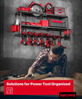 Power Tool Organizer Wall Mount Three Tier Tool Storage Rack with Drill Holder on workshop wall above a person working.