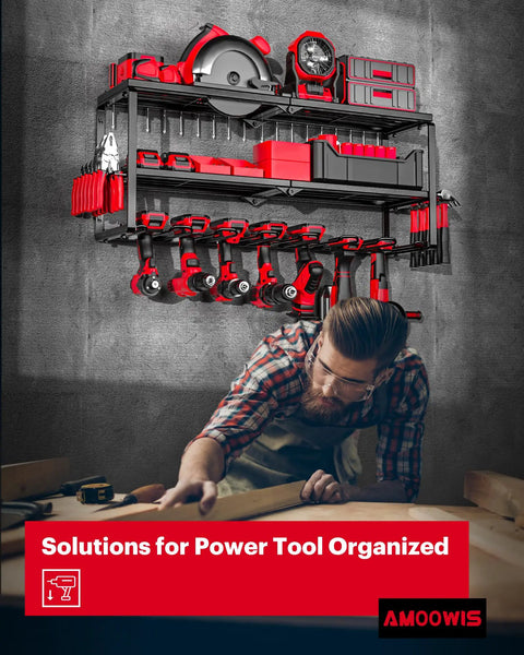 Power Tool Organizer Wall Mount Three Tier Tool Storage Rack with Drill Holder on workshop wall above a person working.