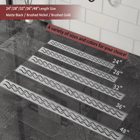 24 Inch Linear Shower Drain In Brushed Nickel Boasts A Hella Fast Deep Slope Design And Dead Simple Cleaning For Your Slick Bathroom Kitchen Or Garage Floor Trench Setup, displayed with multiple length options.