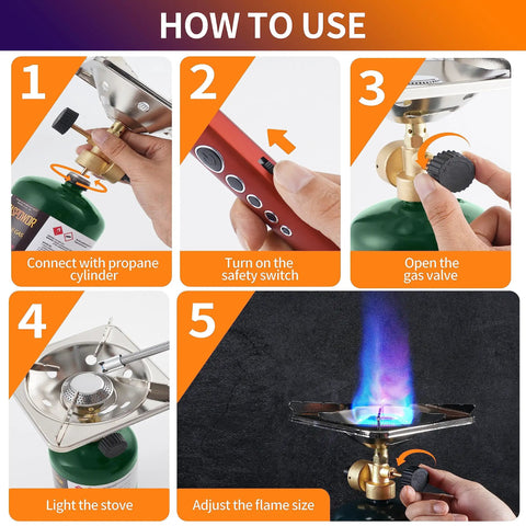 Steps showing how to use the Lightweight Propane Camping Stove With Adjustable Burner 10000 BTU Portable Single Burner Cooker