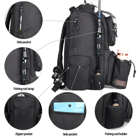Fishing Tackle Backpack With Rod Holders 40L Large Gear Pack For All Day Fishing Camping And Hiking Water Resistant