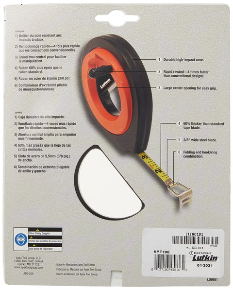 Package of Hi Viz Orange Speedwinder Long Steel Tape Measure 3/8 Inch By 100 Foot With Yellow Clad Blade Abrasion Resistant Coating