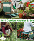 Foldable Garden Kneeler And Seat With Heavy Duty Steel Frame in use for weeding and planting, features a large tool pouch and foam pad.