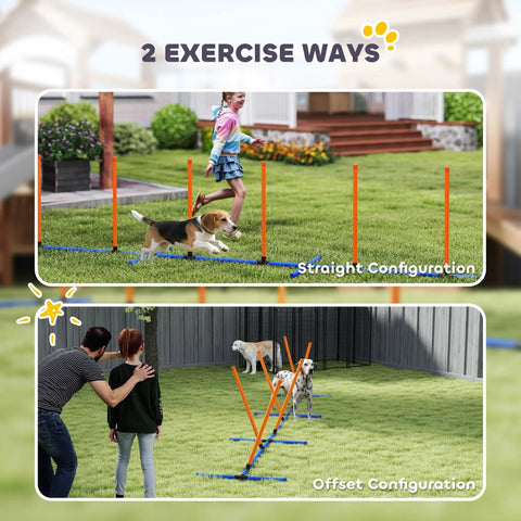 Adjustable Dog Agility Training Equipment For Backyard Courses With Weave Poles Carry Bag And Ground Stakes For Indoor Or Outdoor Use Practice Fun And Peak Performance For Pups, straight and offset configurations