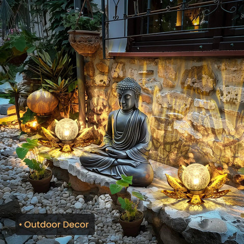 Gold Petal Lotus Flower Solar Light With Crackle Glass Globe Lit Amber Glow Outdoor Yard Lanterns For Pathway