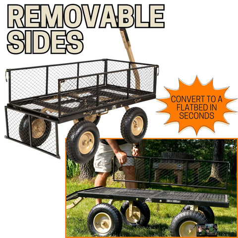 Beefy Heavy Duty Utility Garden Cart Wagon With Dual Side Dump, 1000 Lb Capacity, All Terrain Steel Flatbed Trailer with removable sides.