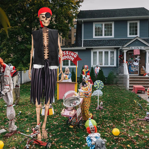 Epic 12 Foot Skeleton Pirate Costume Set With Giant Outfit Accessories in spooky garden display featuring pirate hat and eye patch