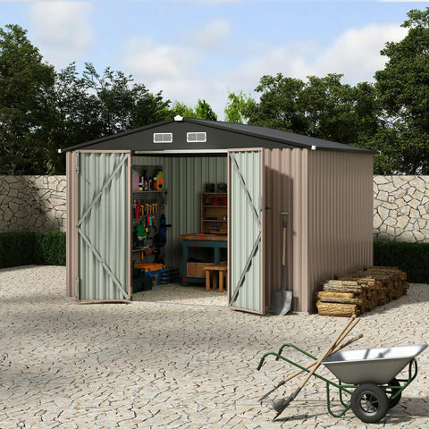 8x10 Ft Metal Outdoor Storage Shed With Sloped Roof, Lockable Door And Air Vents For Backyard, tools visible inside