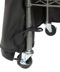 Weather-X Garage Shelf Cover for 48x18x72 Inch Shelving Units showing Rip and Grip Tie-Back Straps on a caster wheel corner