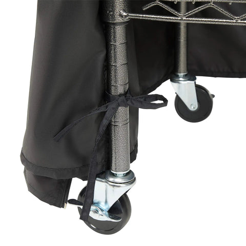 Weather-X Garage Shelf Cover for 48x18x72 Inch Shelving Units showing Rip and Grip Tie-Back Straps on a caster wheel corner