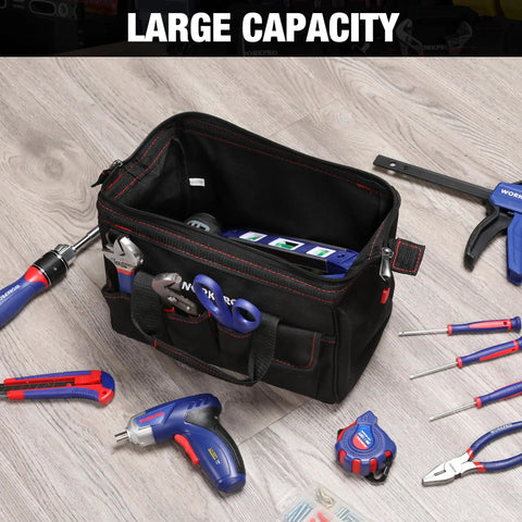 Rugged 12 Inch Close Top Wide Mouth Tool Bag With Double 500D Polyester shown with various hand tools and large interior space.