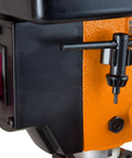Close-up of 2.3-Amp 8-Inch Cast-Iron Benchtop Drill Press With 5 Speed Settings, Black and Orange body, showing chuck storage.