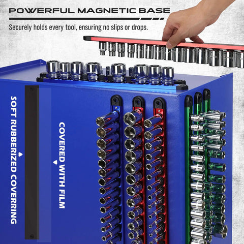 Socket Holder Organizer Set With Magnetic Trays For 1/4, 3/8, 1/2 Inch Sockets, 9-Piece Detachable Trays showcasing secure socket placement