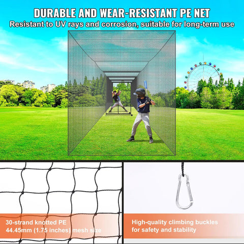 70Ft Heavy Duty Baseball Batting Net For Backyard Practice shown outdoors with players, mesh detail, and climbing buckles.