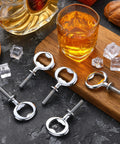 Seven chrome-plated ring-style bottle openers with threaded bolts, bulk kit.