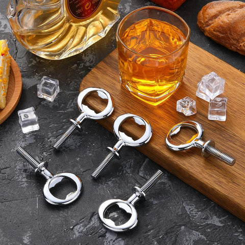 Seven chrome-plated ring-style bottle openers with threaded bolts, bulk kit.