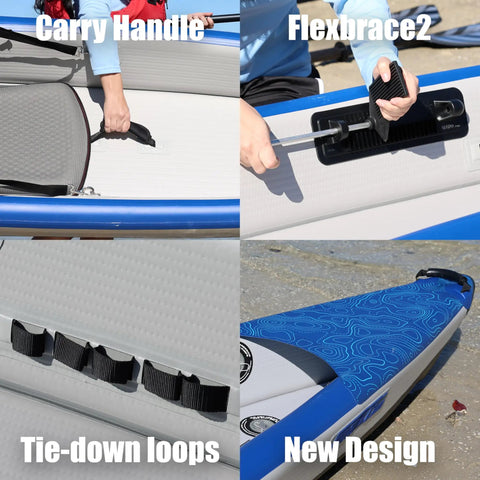 Razorlite 473rl Inflatable Drop Stitch Kayak Pro Package details including carry handle, Flexbrace2, tie-down loops, and new design.
